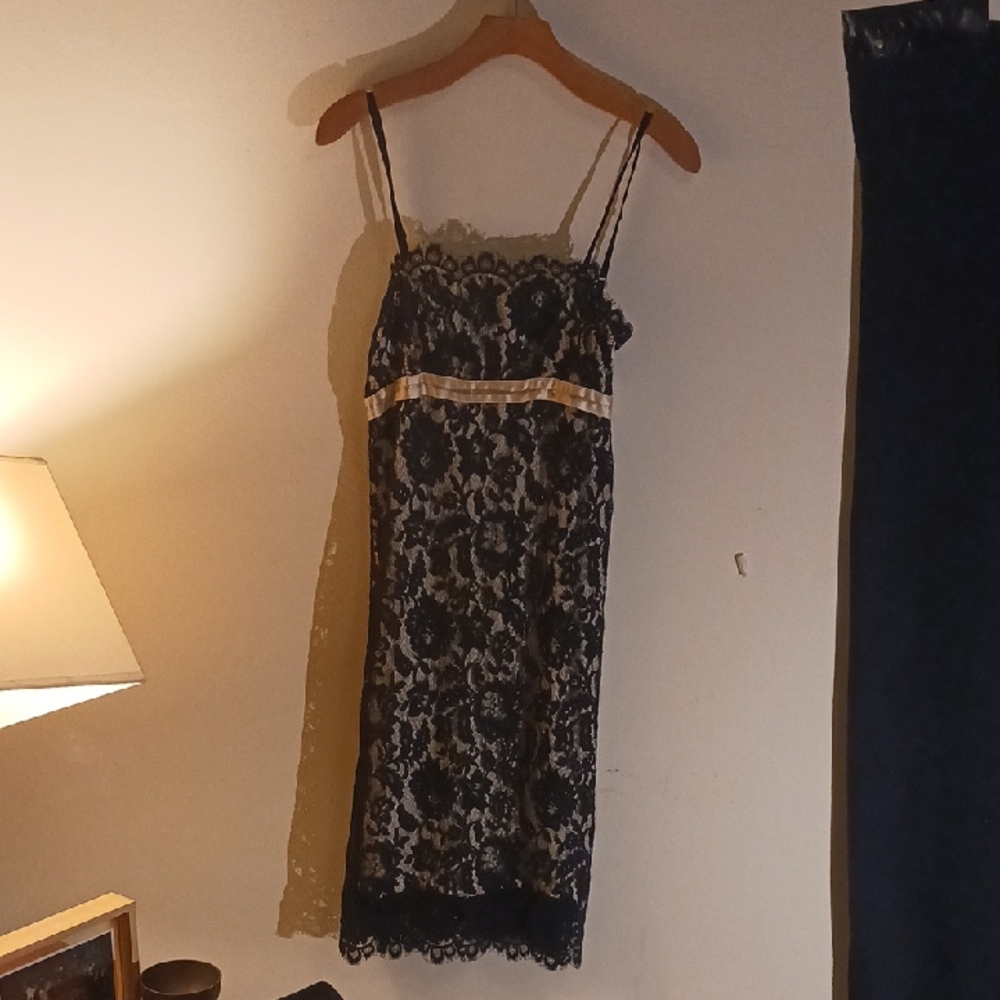 Anna Huling Shear Black Lace Dress Over Cream Silk Slip Lining